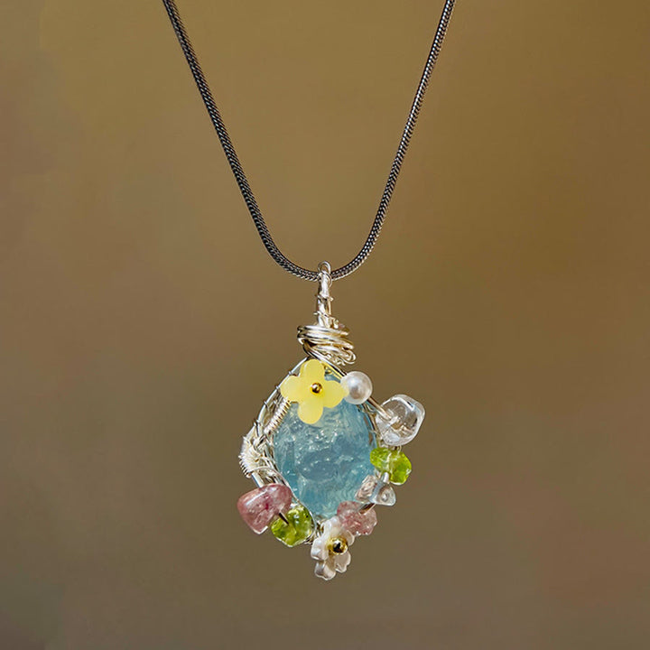 Olivenorma Nature Stone Pendant with Enamel Flowers & Peridot Necklace - Aquamarine - image 3