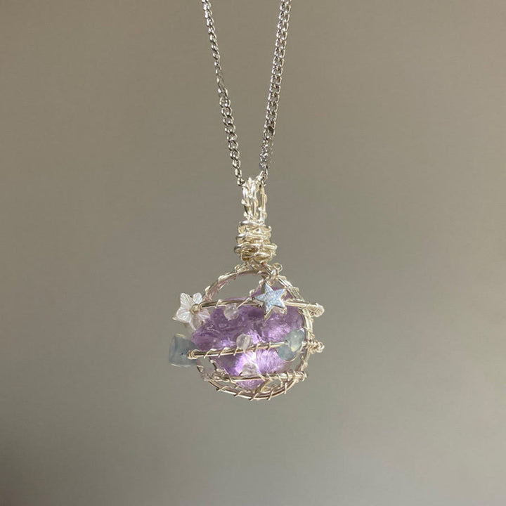 Olivenorma Nature Stone Pendant with Enamel Flowers & Peridot Necklace - Amethyst Cluster - image 15