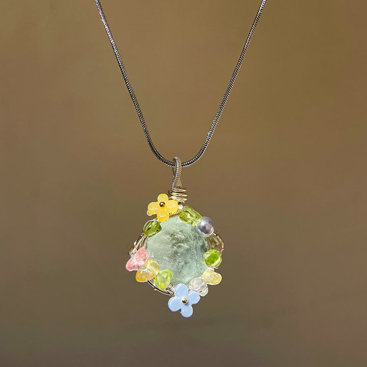 Olivenorma Nature Stone Pendant with Enamel Flowers & Peridot Necklace - Fluorite - image 8