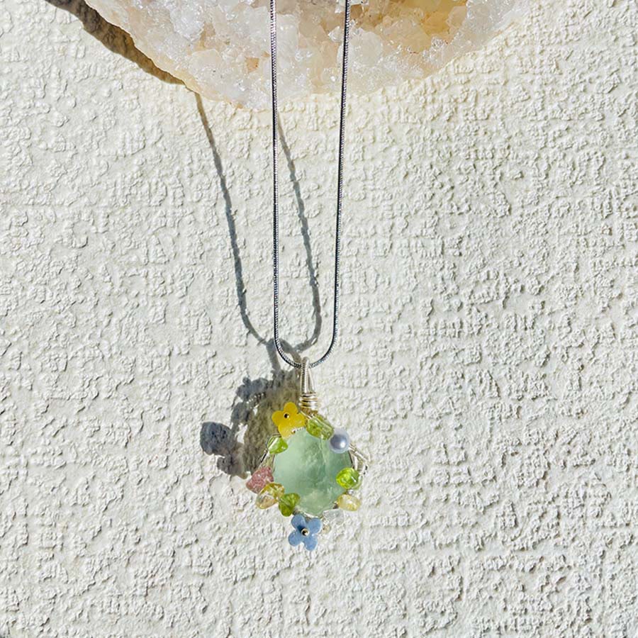 Olivenorma Nature Stone Pendant with Enamel Flowers & Peridot Necklace - image 9