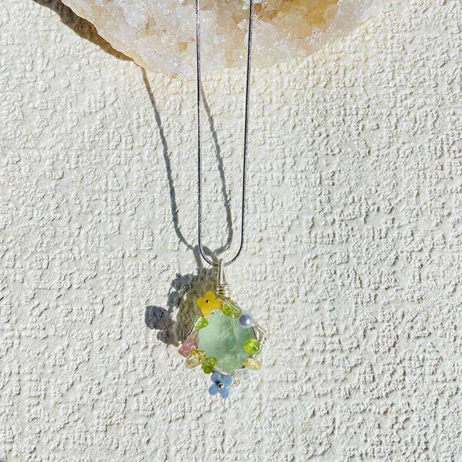 Olivenorma Nature Stone Pendant with Enamel Flowers & Peridot Necklace - image 10