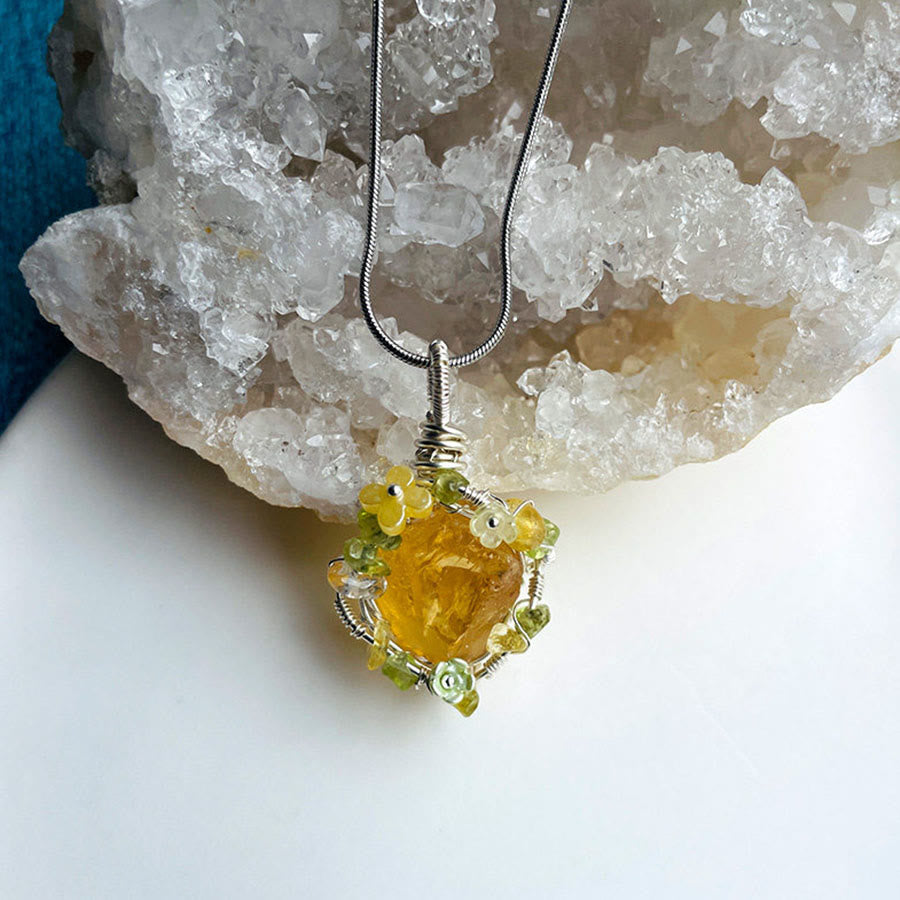 Olivenorma Nature Stone Pendant with Enamel Flowers & Peridot Necklace - image 1