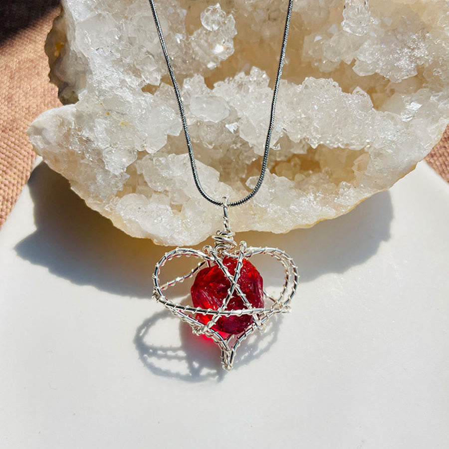 Olivenorma Nature Stone Pendant with Enamel Flowers & Peridot Necklace - Red Glass - image 16