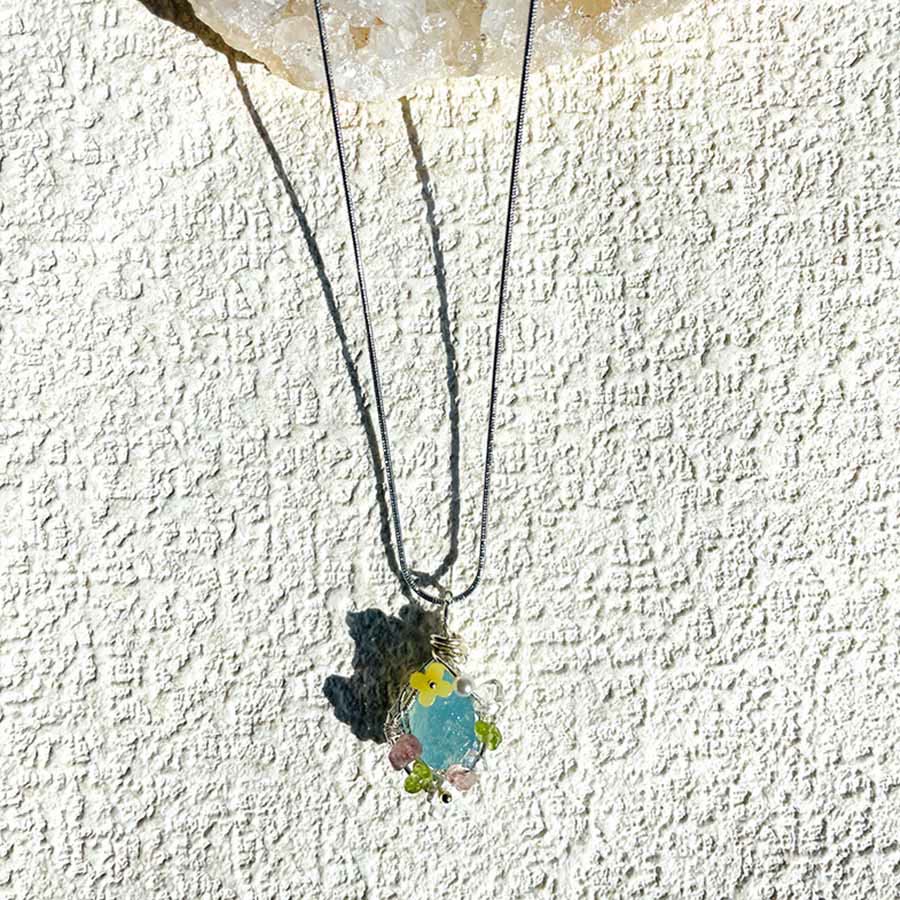 Olivenorma Nature Stone Pendant with Enamel Flowers & Peridot Necklace - image 4