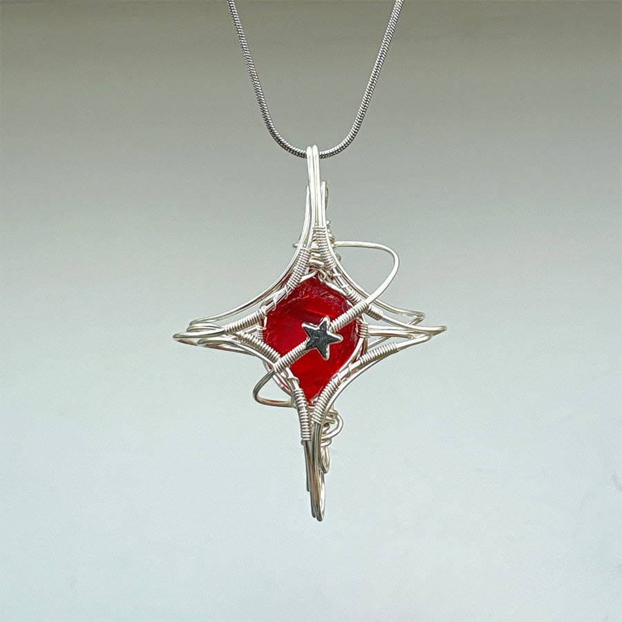 Olivenorma Celestial Themed Amethyst & Aquamarine Nature Stone Wire Wrapped Necklace - Red Glass & Pentagram - image 15