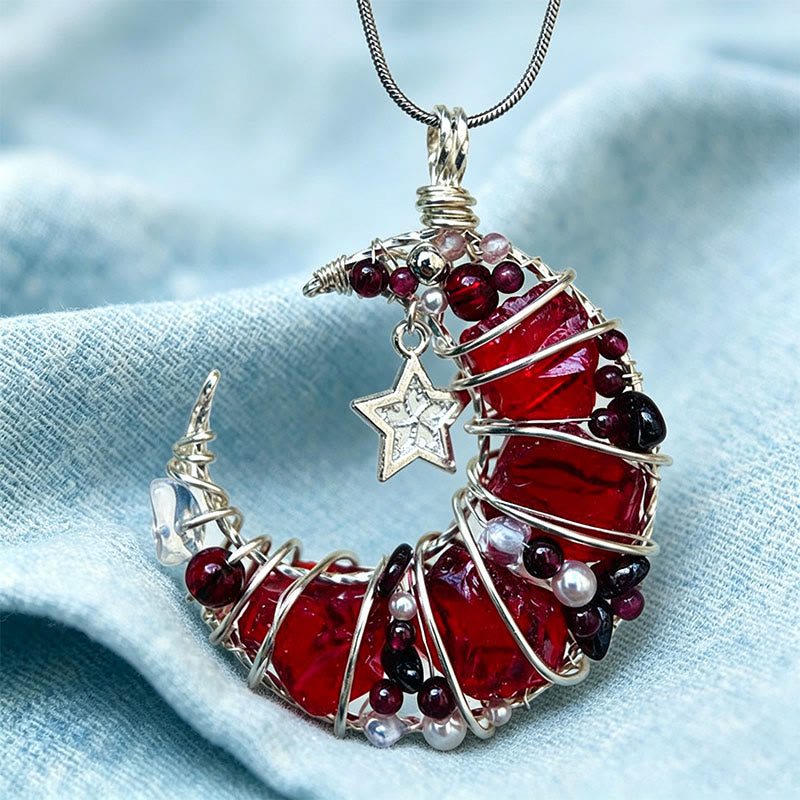 Olivenorma Handmade Wire Wrapped Crescent Moon Garnet & Red Glass Necklace - image 5