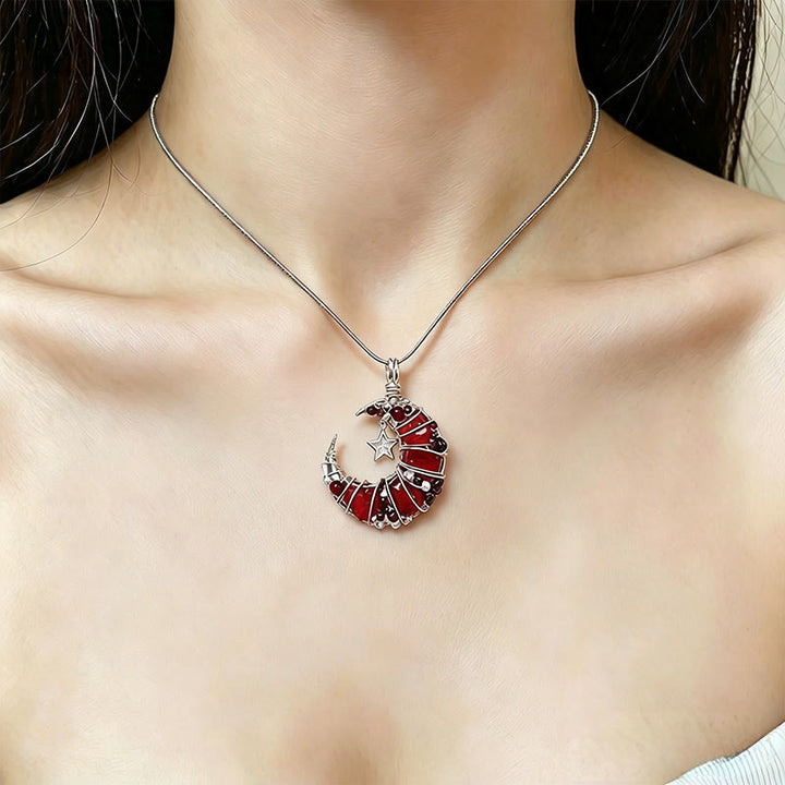 Olivenorma Handmade Wire Wrapped Crescent Moon Garnet & Red Glass Necklace - image 4