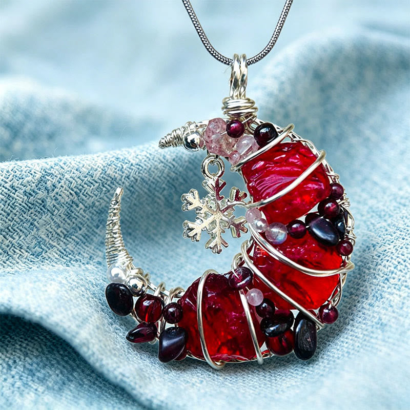 Olivenorma Handmade Wire Wrapped Crescent Moon Garnet & Red Glass Necklace - image 2