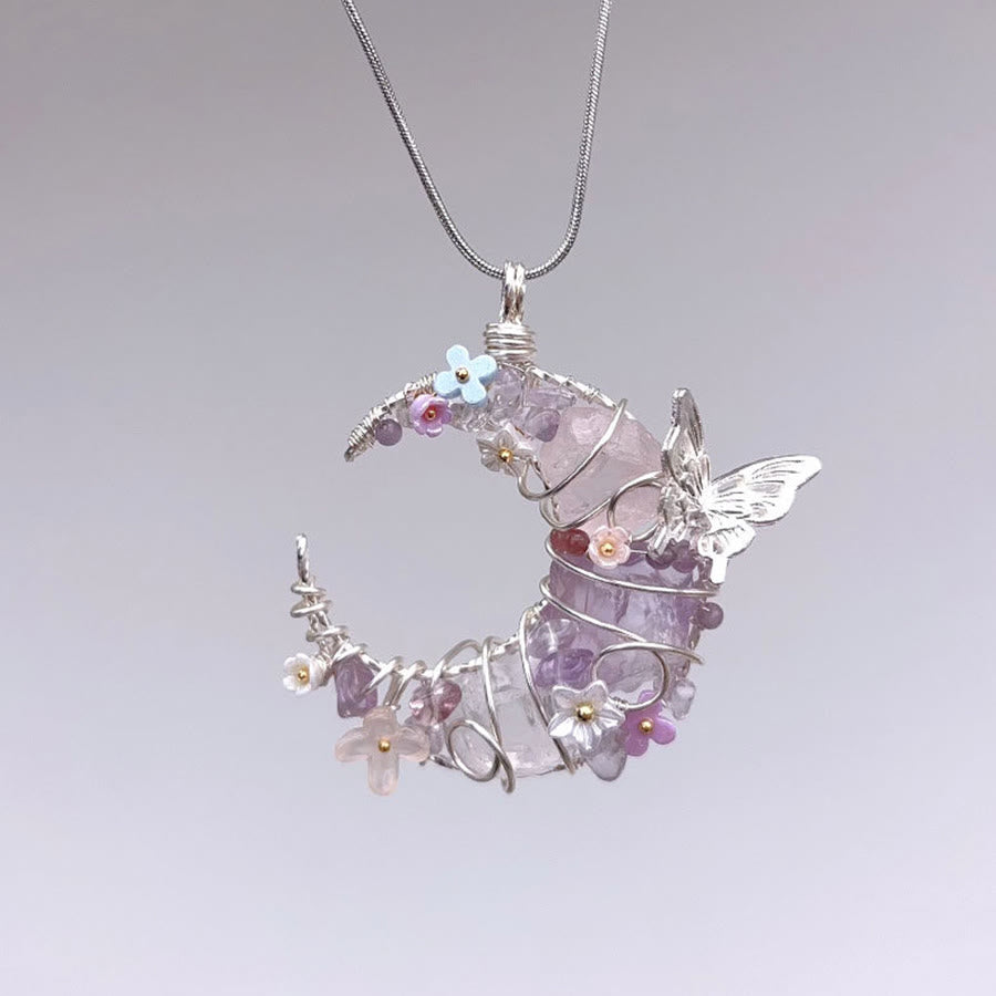Olivenorma Handmade Wire Wrapped Crescent Moon Rose Quartz & Aquamarine Butterfly Floral  Necklace - Amethyst - image 5
