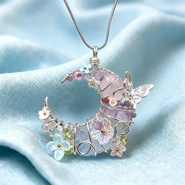 Olivenorma Handmade Wire Wrapped Crescent Moon Rose Quartz & Aquamarine Butterfly Floral  Necklace - image 6