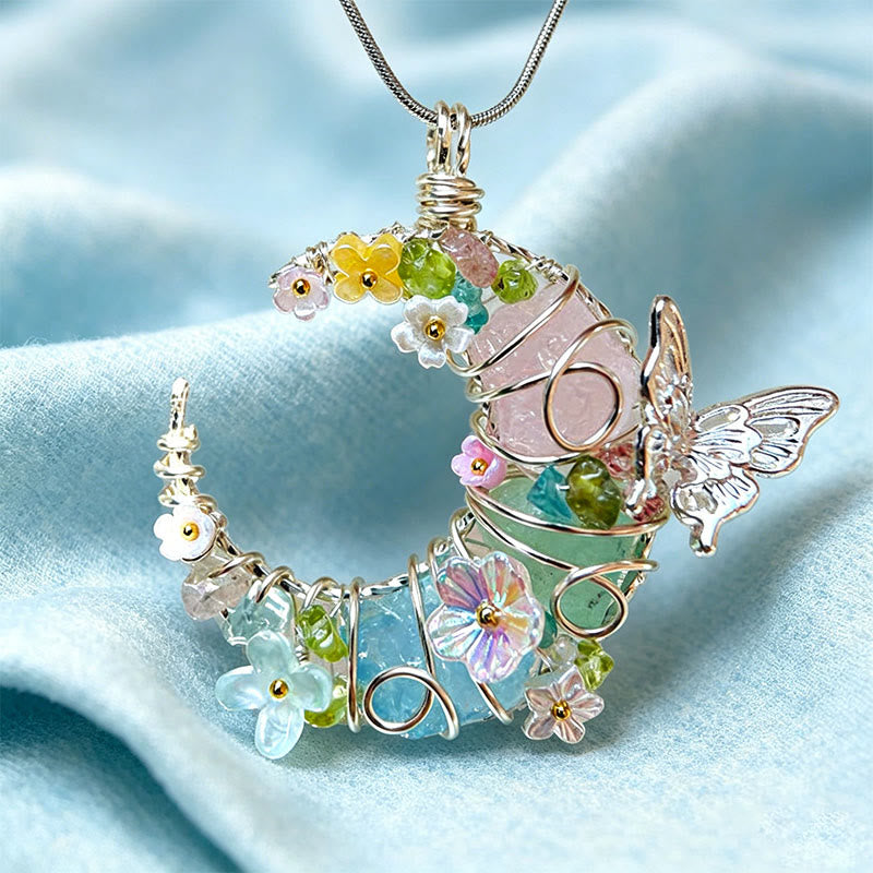 Olivenorma Handmade Wire Wrapped Crescent Moon Rose Quartz & Aquamarine Butterfly Floral  Necklace - image 1