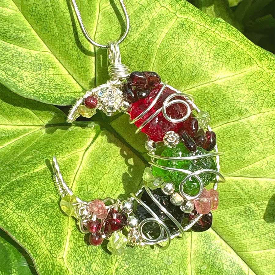 Olivenorma Whimsical Obsidian & Mixed Glass Crescent Moon Wire Wrapped Necklace - image 2