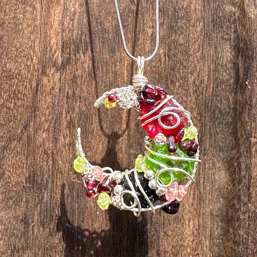Olivenorma Whimsical Obsidian & Mixed Glass Crescent Moon Wire Wrapped Necklace - image 3