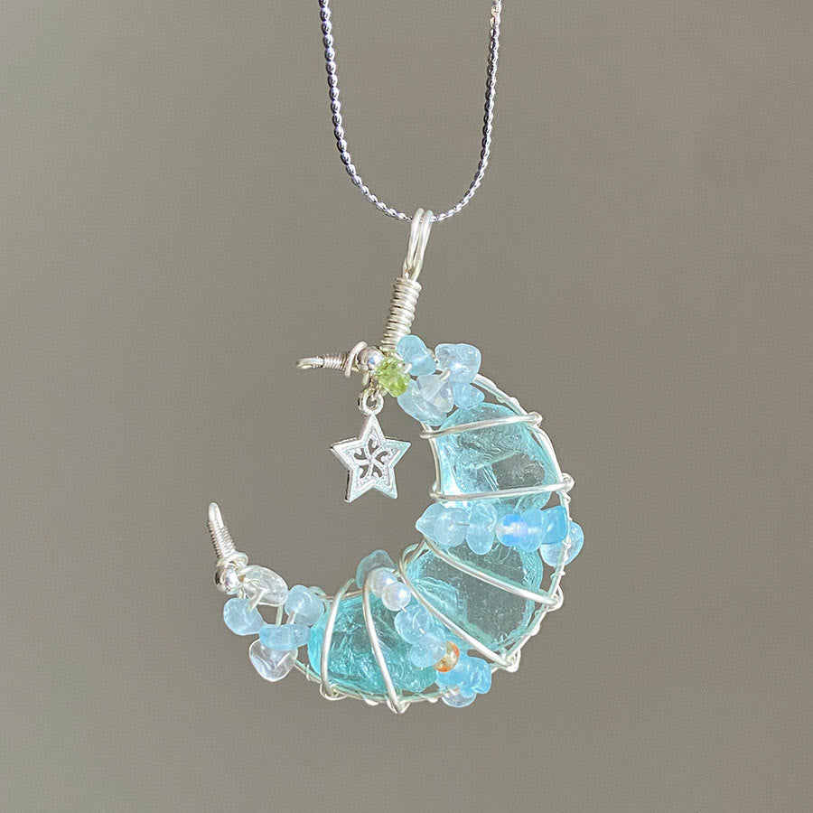 Olivenorma Raw Crystal Olivenorma RawCrescent Moon Pendant with Star & Flower Accents Silver Necklace Crescent Moon Pendant with Star & Flower Accents Silver Necklace - Amazonite - image 6