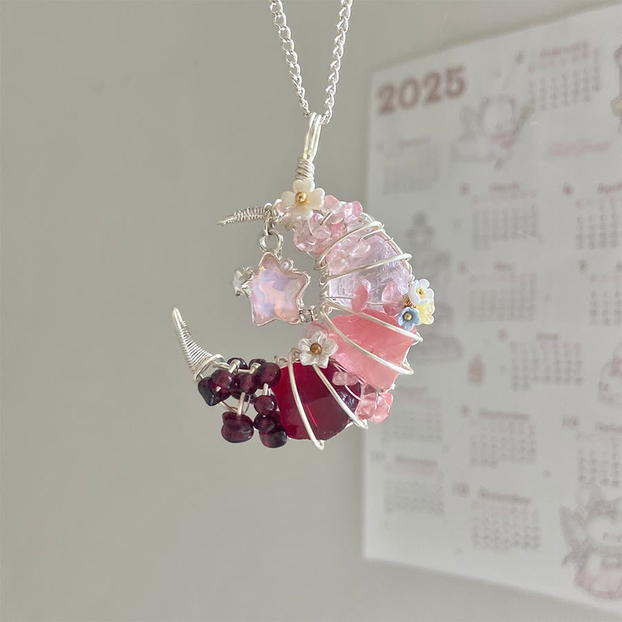 Olivenorma Raw Crystal Olivenorma RawCrescent Moon Pendant with Star & Flower Accents Silver Necklace Crescent Moon Pendant with Star & Flower Accents Silver Necklace - Rose Quartz - image 1