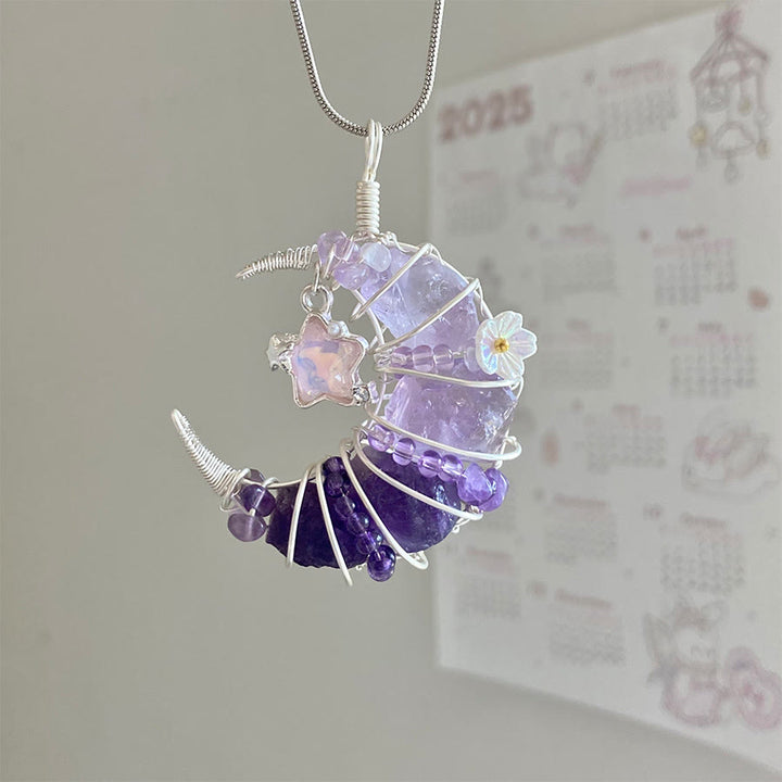 Olivenorma Raw Crystal Olivenorma RawCrescent Moon Pendant with Star & Flower Accents Silver Necklace Crescent Moon Pendant with Star & Flower Accents Silver Necklace - Amethyst & Star Moon - image 8