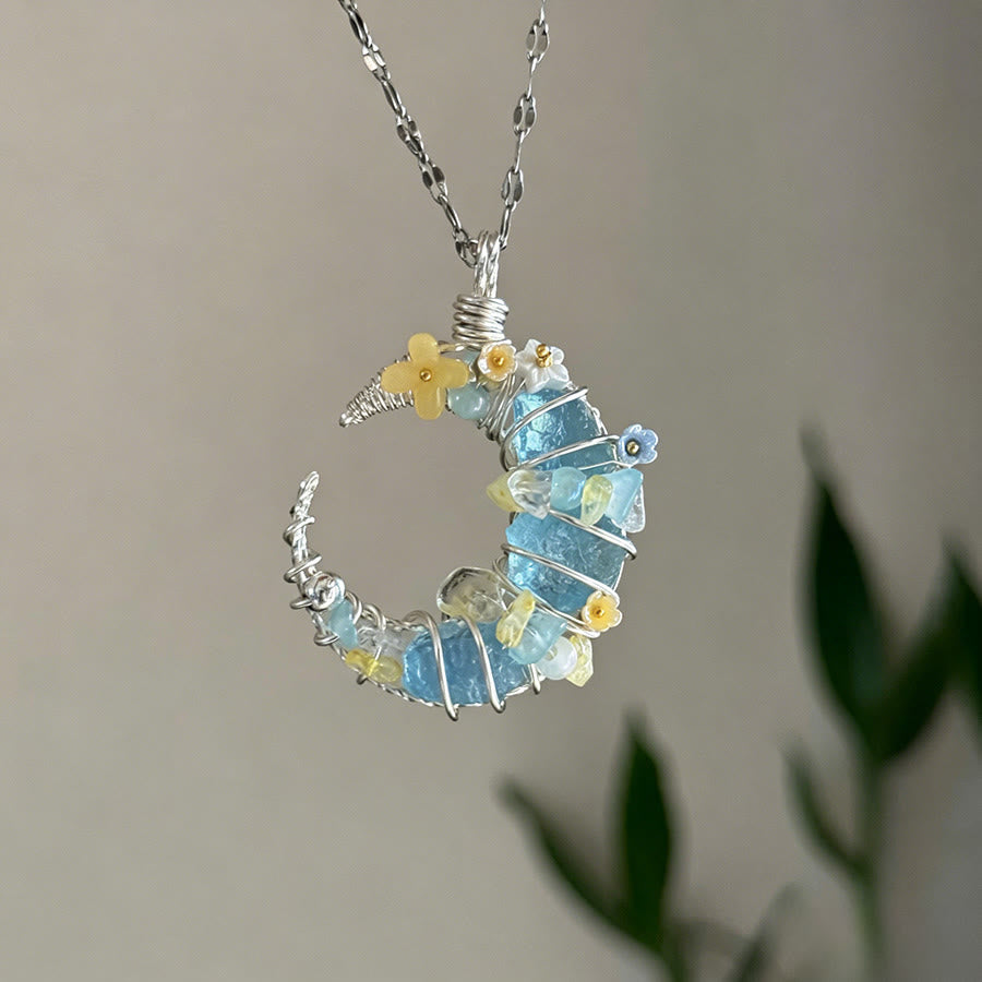 Olivenorma Crystal Crescent Moon Pendant with Butterfly Star Accents Necklace - Aquamarine - image 6