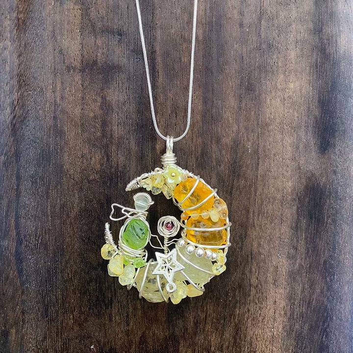 Olivenorma Handmade Wire Wrapped Crescent Moon Citrine & Peridot Star Floral Necklace - image 3