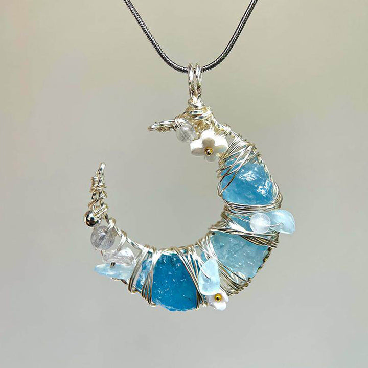 Olivenorma Whimsical Pastel Crescent Moon with Floral Pendant Nature Stone Necklace - Aquamarine - image 8