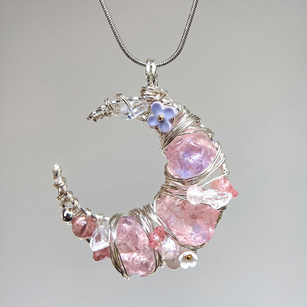 Olivenorma Whimsical Pastel Crescent Moon with Floral Pendant Nature Stone Necklace - Pink Glass - image 0