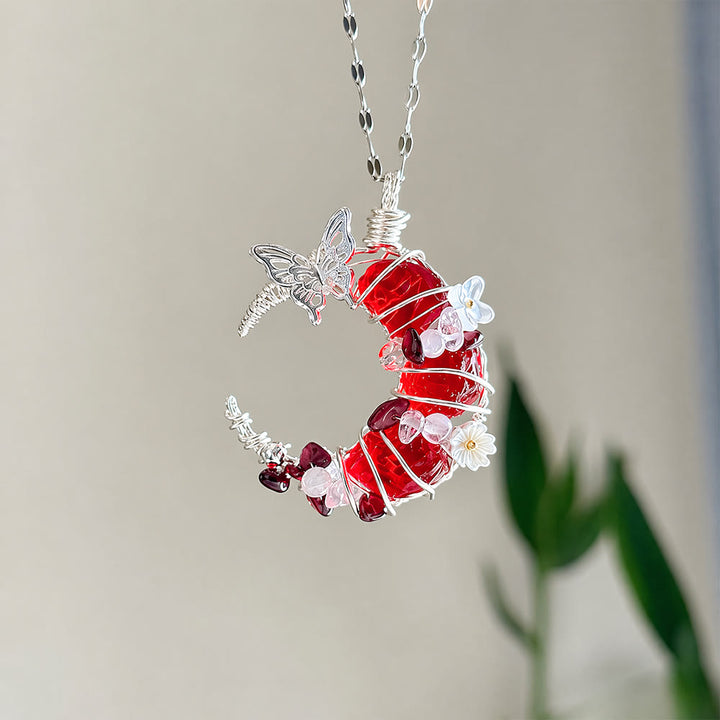 Olivenorma Crystal Crescent Moon Pendant with Butterfly Star Accents Necklace - Red Glass - image 0