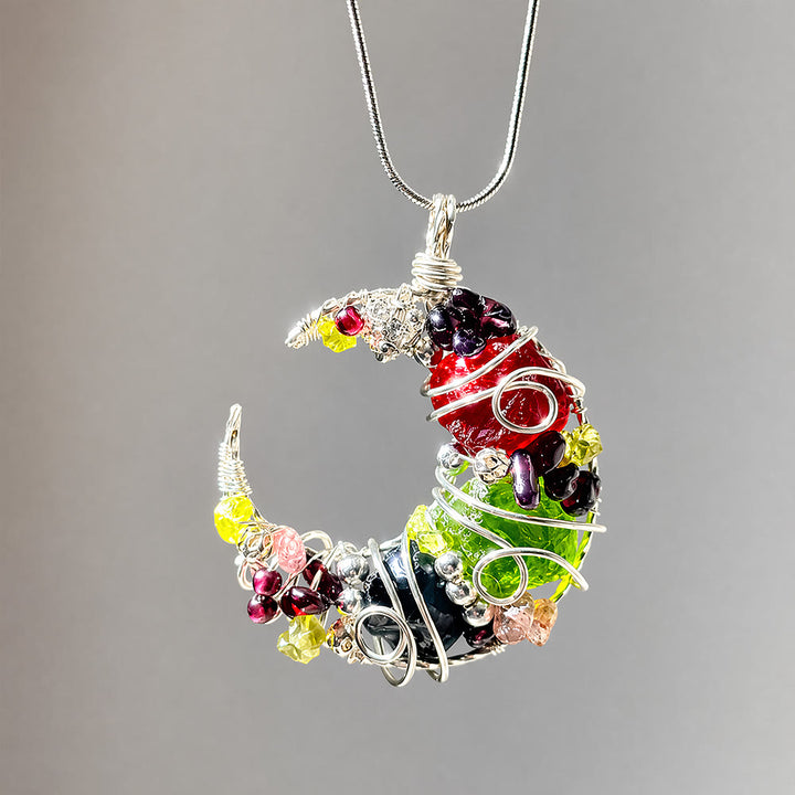 Olivenorma Whimsical Obsidian & Mixed Glass Crescent Moon Wire Wrapped Necklace - Obsidian & Mixed Glass - image 0