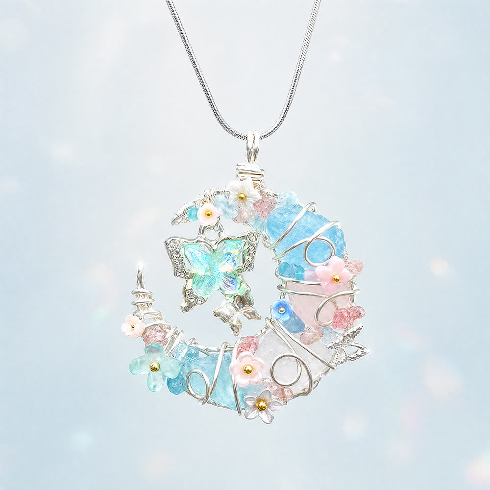 Olivenorma Blue Aquamarine Rose Quartz Crescent Moon Butterfly Floral Necklace - Aquamarine & Rose Quartz & Clear Quartz - image 0