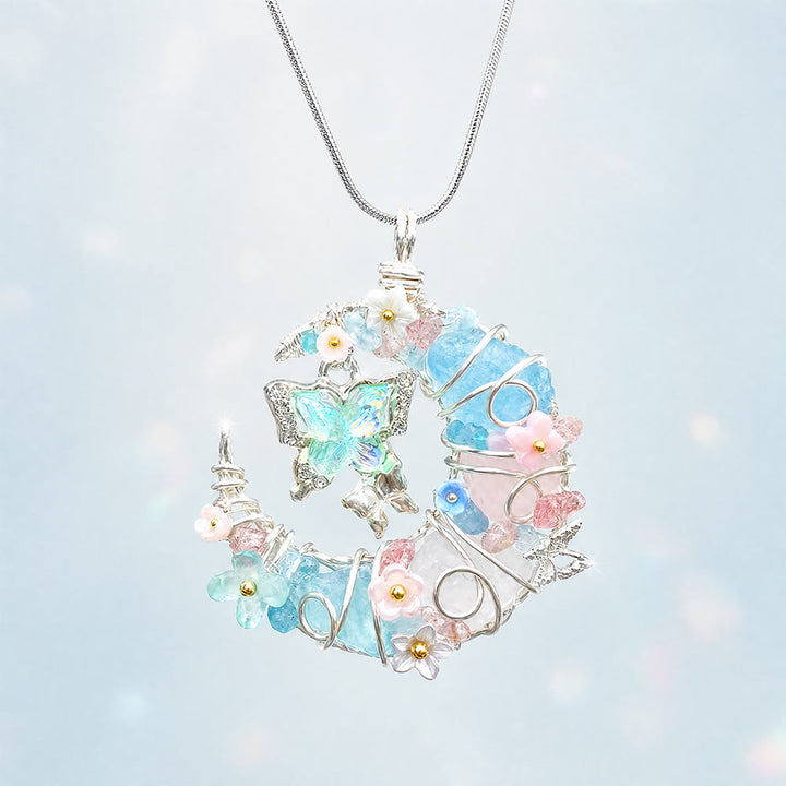 Olivenorma Blue Aquamarine Rose Quartz Crescent Moon Butterfly Floral Necklace - Aquamarine & Rose Quartz & Clear Quartz - image 0