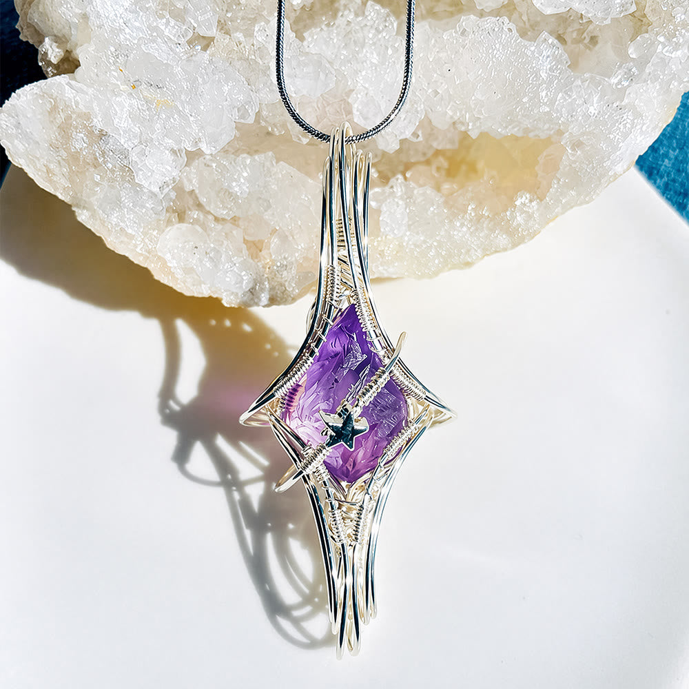 Olivenorma Celestial Themed Amethyst & Aquamarine Nature Stone Wire Wrapped Necklace - Amethyst & Pentagram - image 0