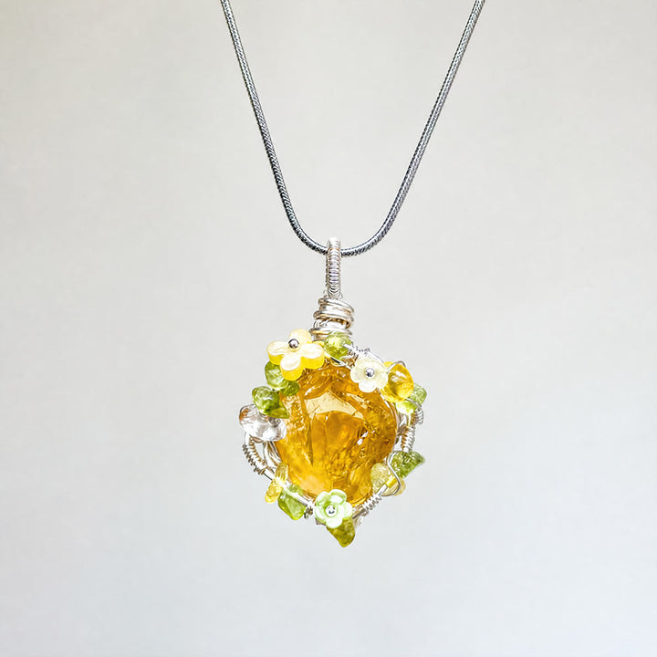 Olivenorma Nature Stone Pendant with Enamel Flowers & Peridot Necklace - Citrine - image 0