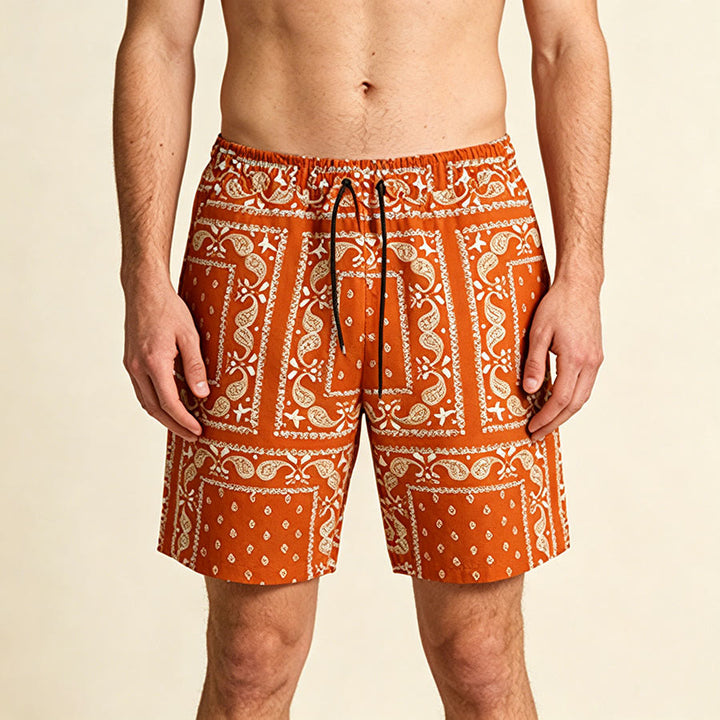 Olivenorma Retro Checkered Paisley Pattern Breathable Loose Summer Men's Short Pants - Orange-Red - 2XL - image 12