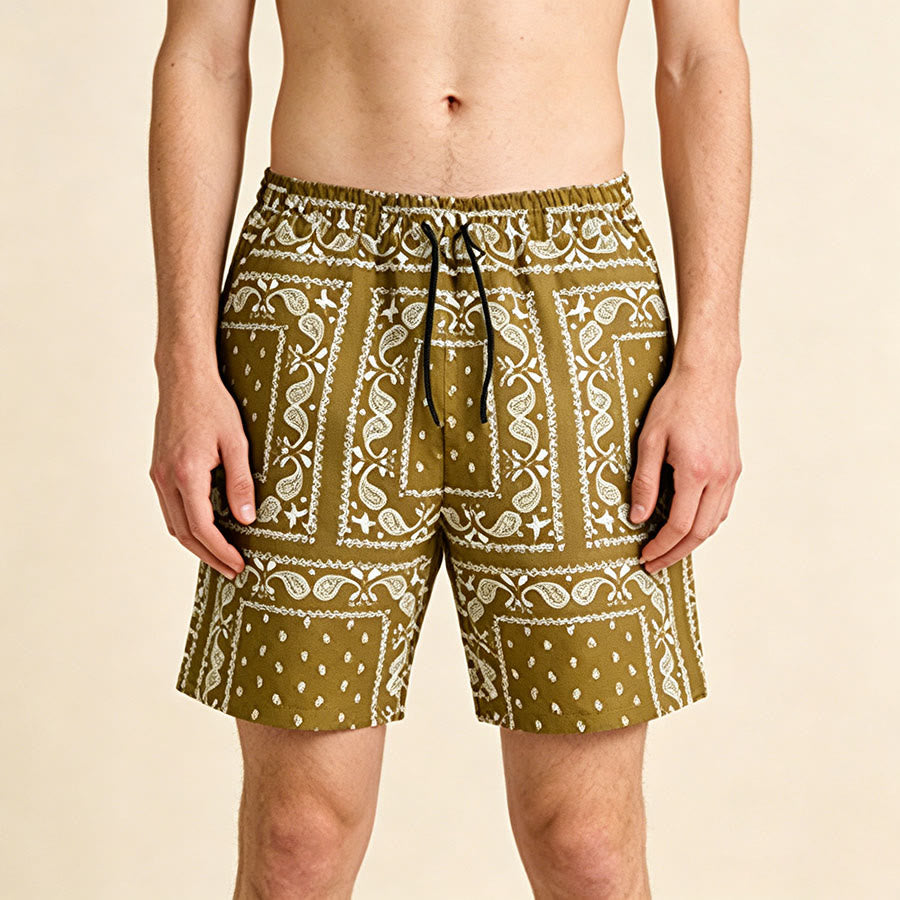 Olivenorma Retro Checkered Paisley Pattern Breathable Loose Summer Men's Short Pants - Khaki - 2XL - image 6