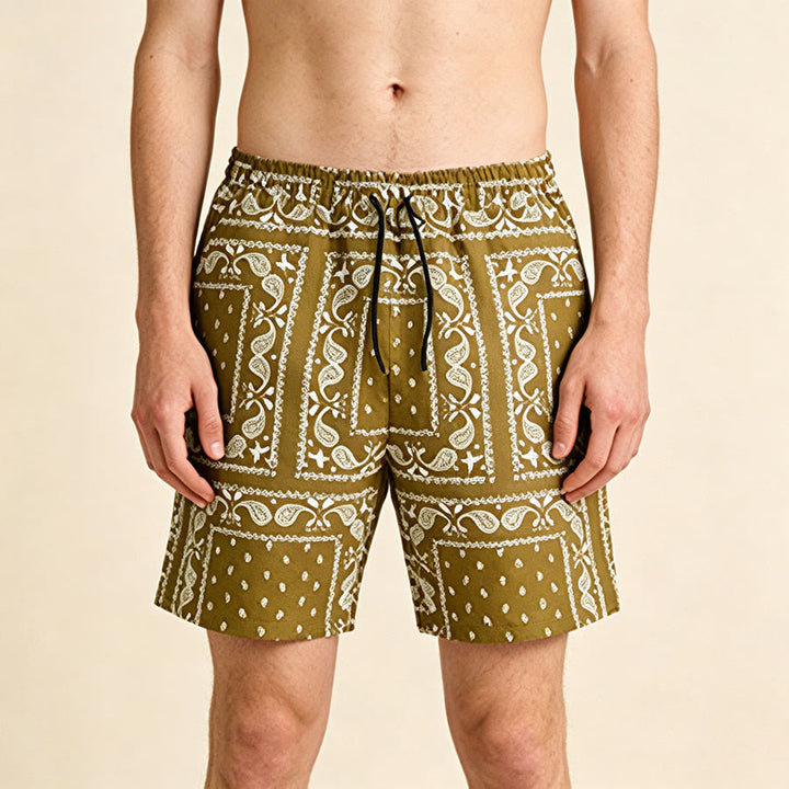 Olivenorma Retro Checkered Paisley Pattern Breathable Loose Summer Men's Short Pants - Khaki - 2XL - image 6