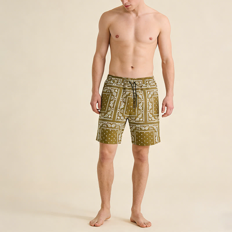 Olivenorma Retro Checkered Paisley Pattern Breathable Loose Summer Men's Short Pants - image 9