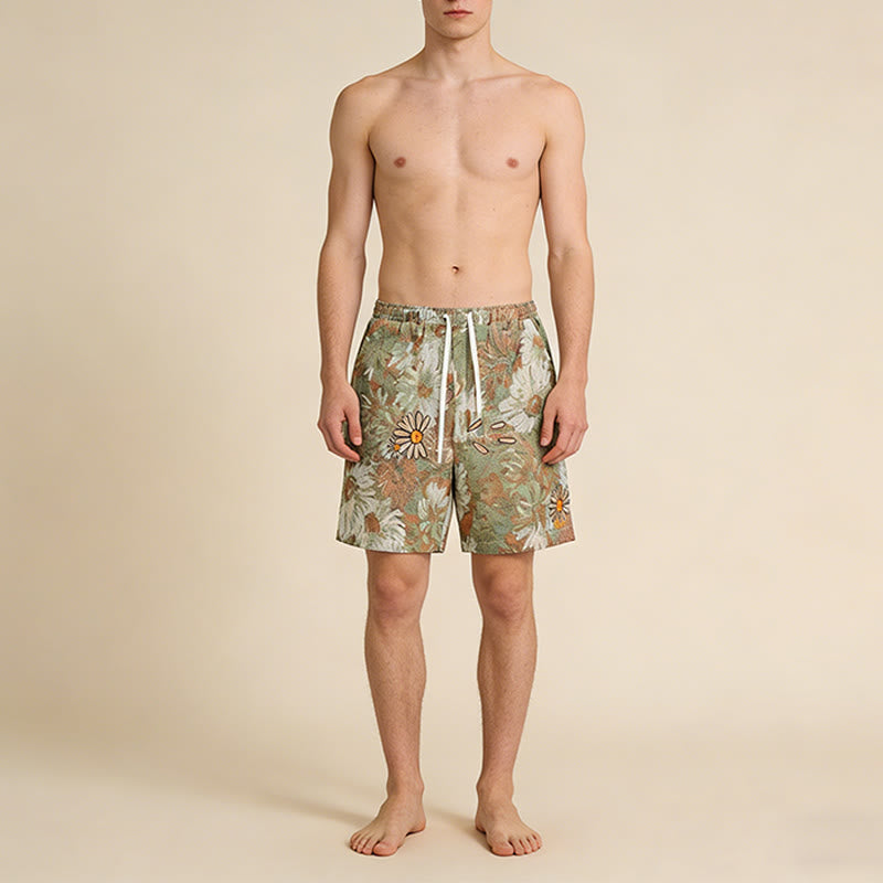 Olivenorma Vintage Oil Painting Daisy Print Embroidery Detail Loose Fit Men's Short Pants - image 1