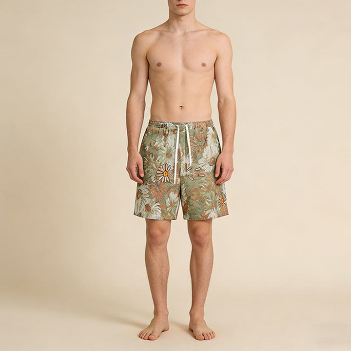 Olivenorma Vintage Oil Painting Daisy Print Embroidery Detail Loose Fit Men's Short Pants - image 1