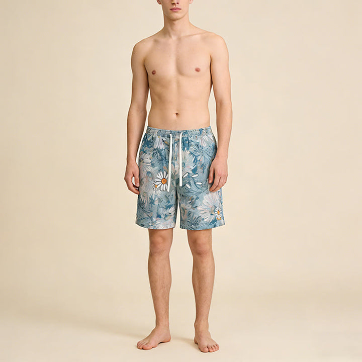 Olivenorma Vintage Oil Painting Daisy Print Embroidery Detail Loose Fit Men's Short Pants - image 6