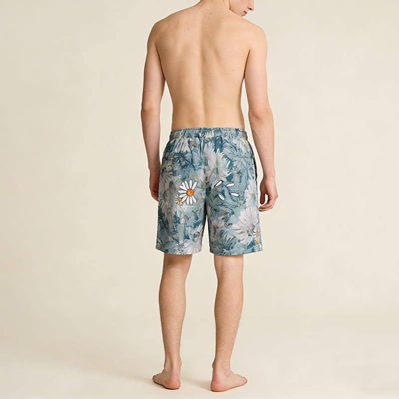Olivenorma Vintage Oil Painting Daisy Print Embroidery Detail Loose Fit Men's Short Pants - image 8