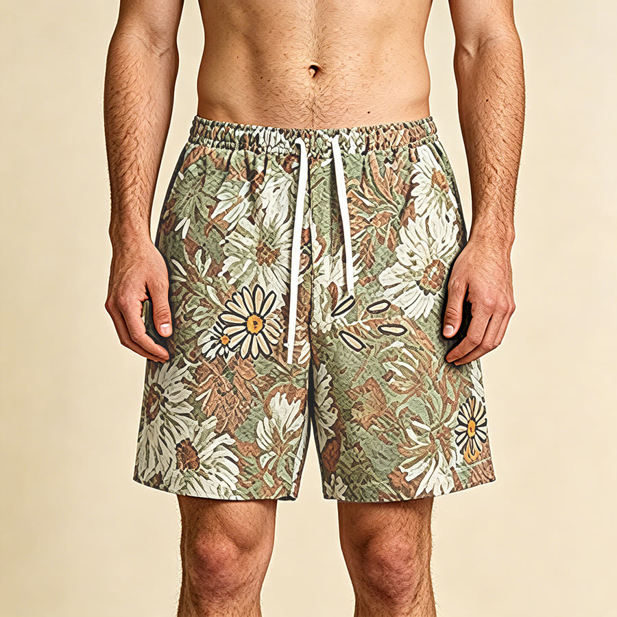 Olivenorma Vintage Oil Painting Daisy Print Embroidery Detail Loose Fit Men's Short Pants - Green - 5XL - image 0