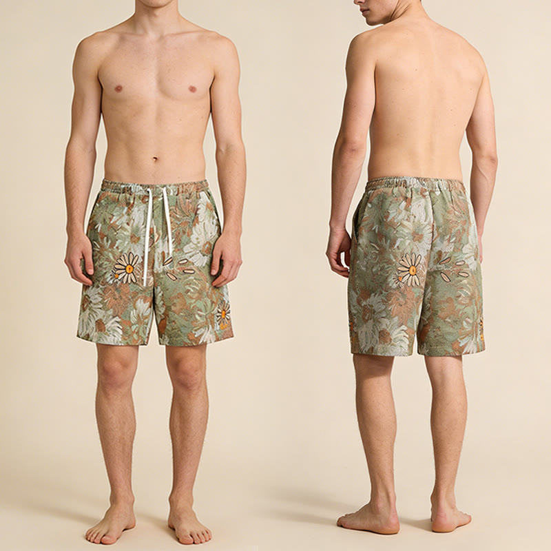 Olivenorma Vintage Oil Painting Daisy Print Embroidery Detail Loose Fit Men's Short Pants - image 4