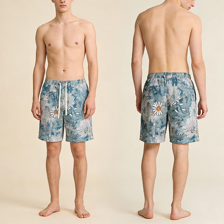 Olivenorma Vintage Oil Painting Daisy Print Embroidery Detail Loose Fit Men's Short Pants - image 9
