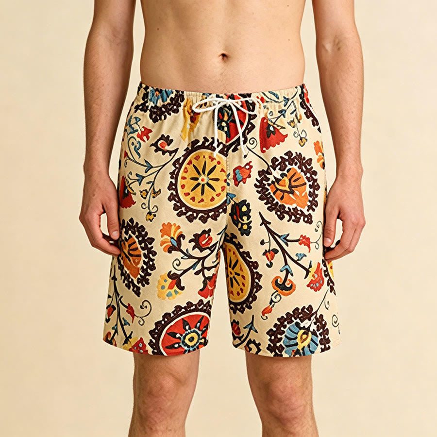 Olivenorma Ethnic Medallion Floral Print Elastic Drawstring Loose Fit Men's Short Pants - Yellow - One Size(55kg-95kg) - image 0