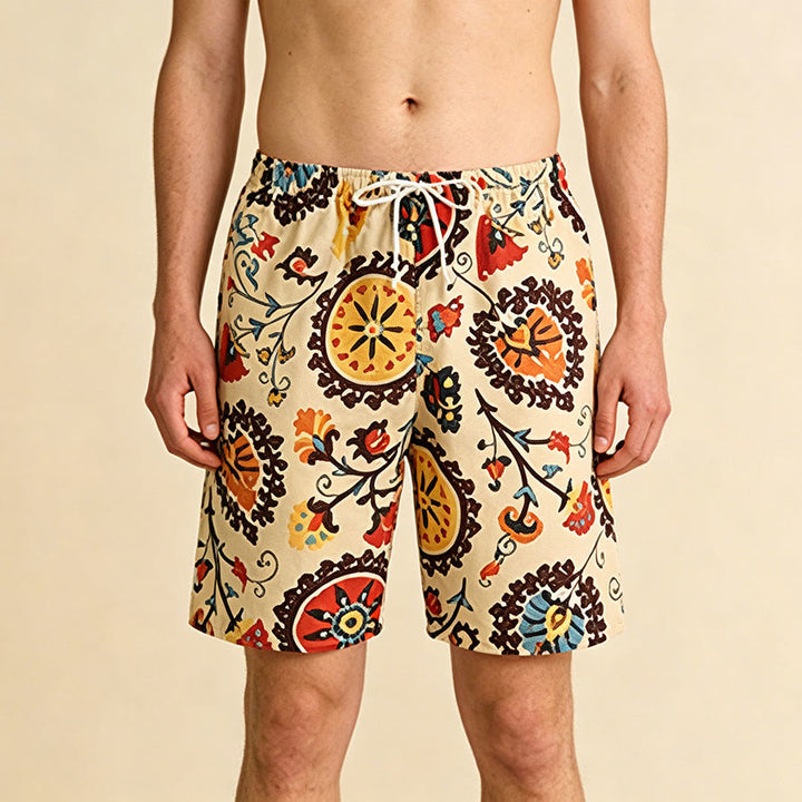 Olivenorma Ethnic Medallion Floral Print Elastic Drawstring Loose Fit Men's Short Pants - Yellow - One Size(55kg-95kg) - image 0