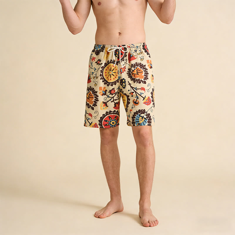 Olivenorma Ethnic Medallion Floral Print Elastic Drawstring Loose Fit Men's Short Pants - image 1