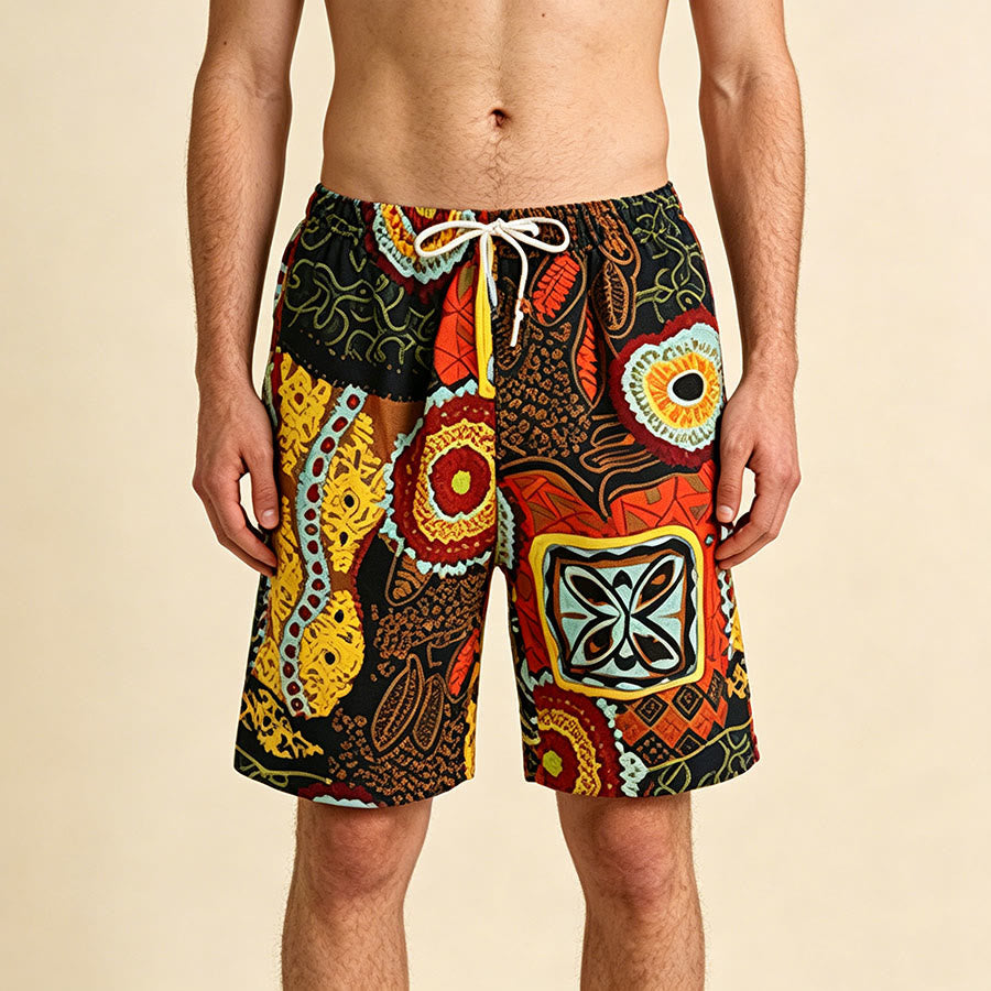 Olivenorma African Tribal Ethnic Geometric Floral Print Elastic Drawstring Loose Men's Short Pants - African Tribal - One Size(55kg-95kg) - image 0