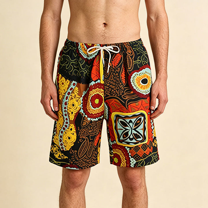 Olivenorma African Tribal Ethnic Geometric Floral Print Elastic Drawstring Loose Men's Short Pants - African Tribal - One Size(55kg-95kg) - image 0