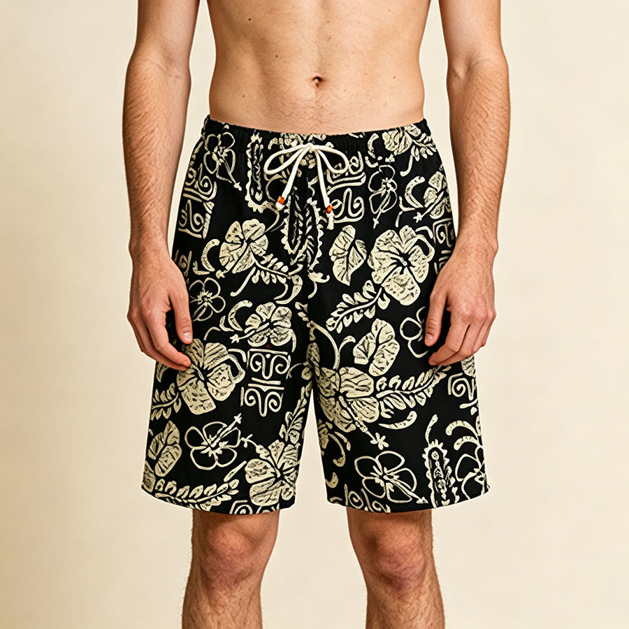 Olivenorma Vintage Hawaiian Hibiscus Tribal Print Elastic Drawstring Loose Fit Men's Short Pants - Black - One Size(55kg-95kg) - image 0