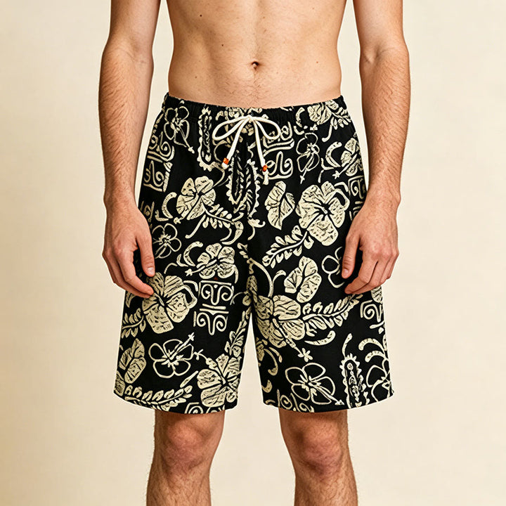 Olivenorma Vintage Hawaiian Hibiscus Tribal Print Elastic Drawstring Loose Fit Men's Short Pants - Black - One Size(55kg-95kg) - image 0