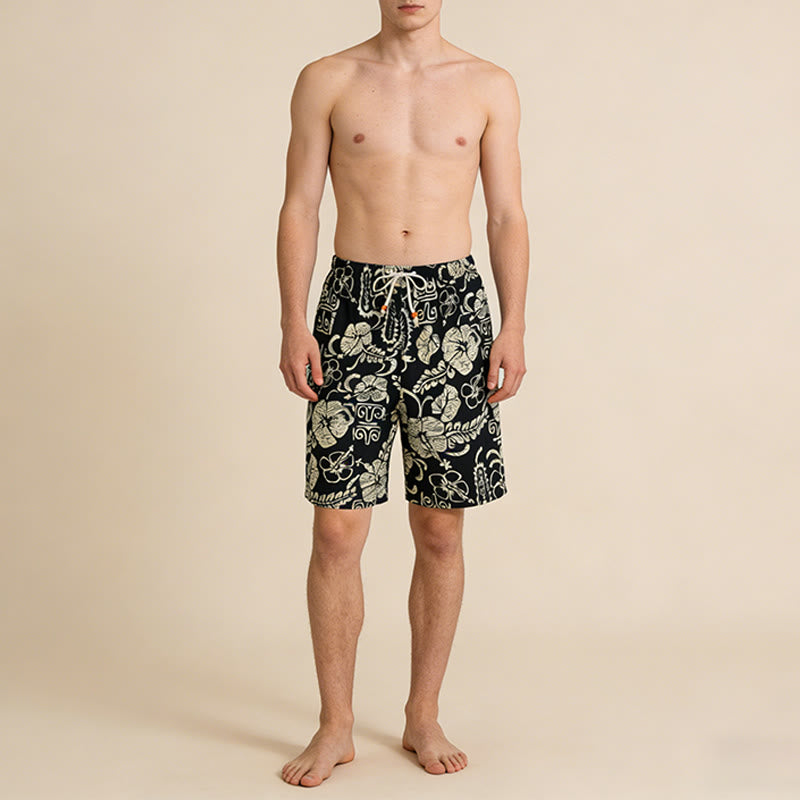 Olivenorma Vintage Hawaiian Hibiscus Tribal Print Elastic Drawstring Loose Fit Men's Short Pants - image 1