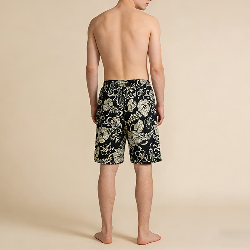 Olivenorma Vintage Hawaiian Hibiscus Tribal Print Elastic Drawstring Loose Fit Men's Short Pants - image 2